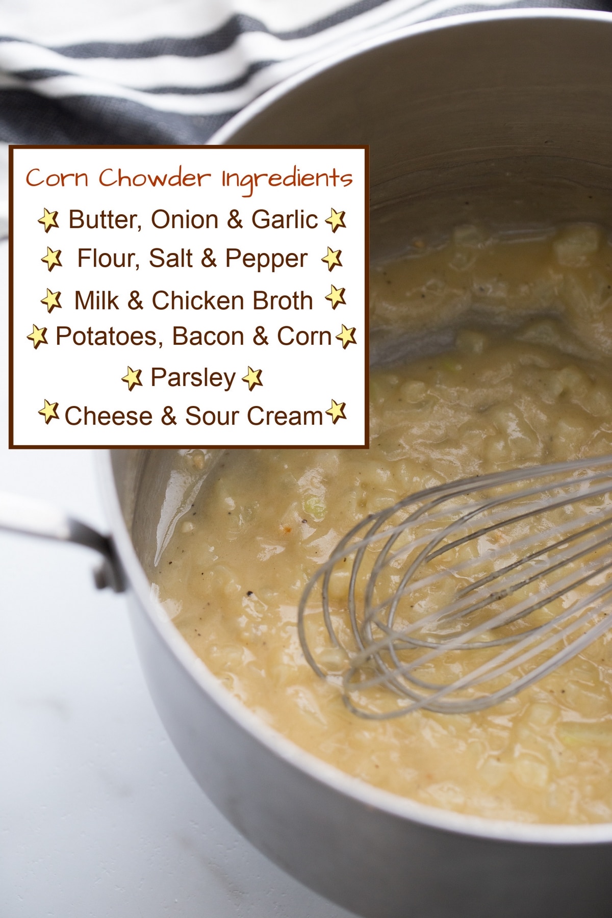 Whisking chowder in a pot for creamy texture Corn chowder cooking in a pot, being whisked to smoothness
