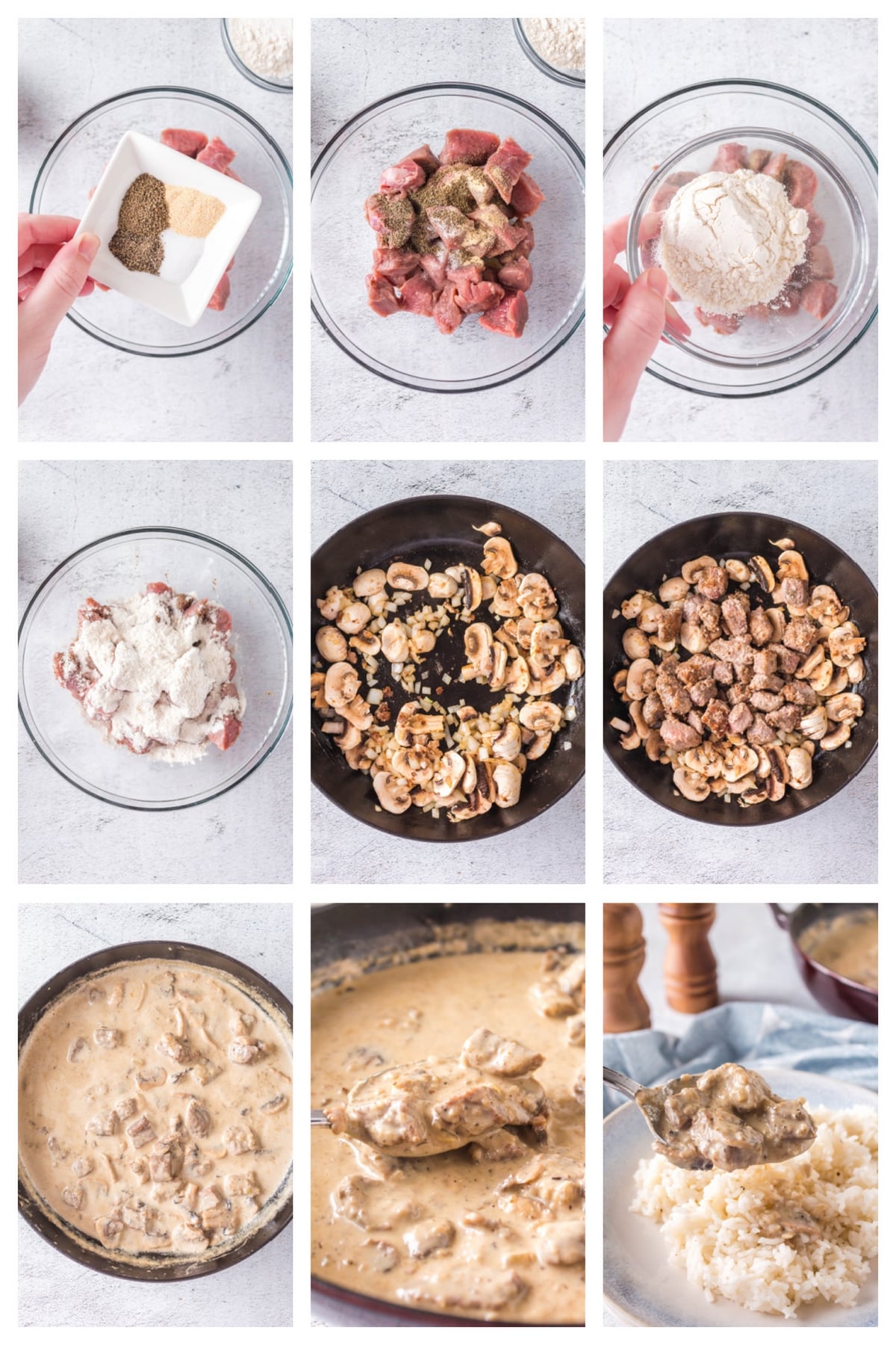 How to make beef stroganoff with heavy cream – step-by-step Step-by-step process of making beef stroganoff, from dredging beef to simmering in sauce