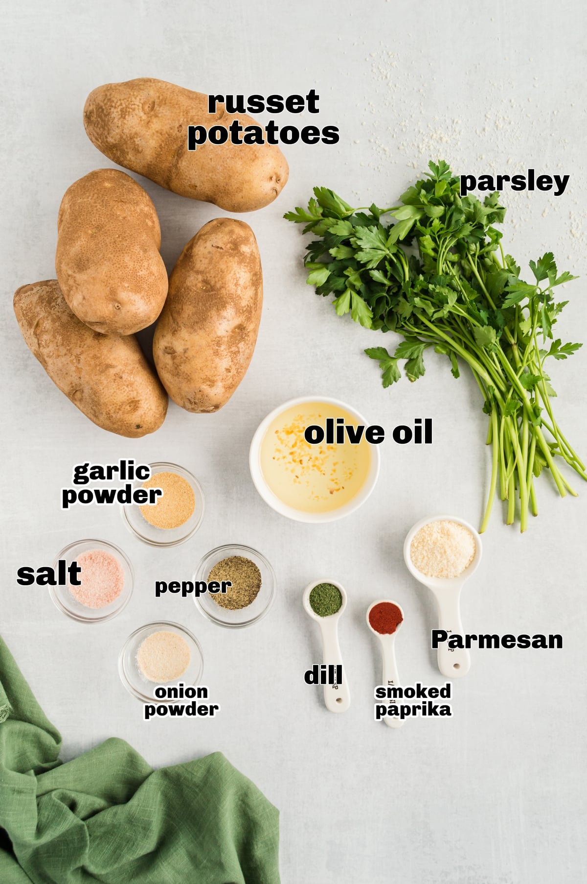 Baked French Fries (Oven Fries) ingredients including russet potatoes and olive oil