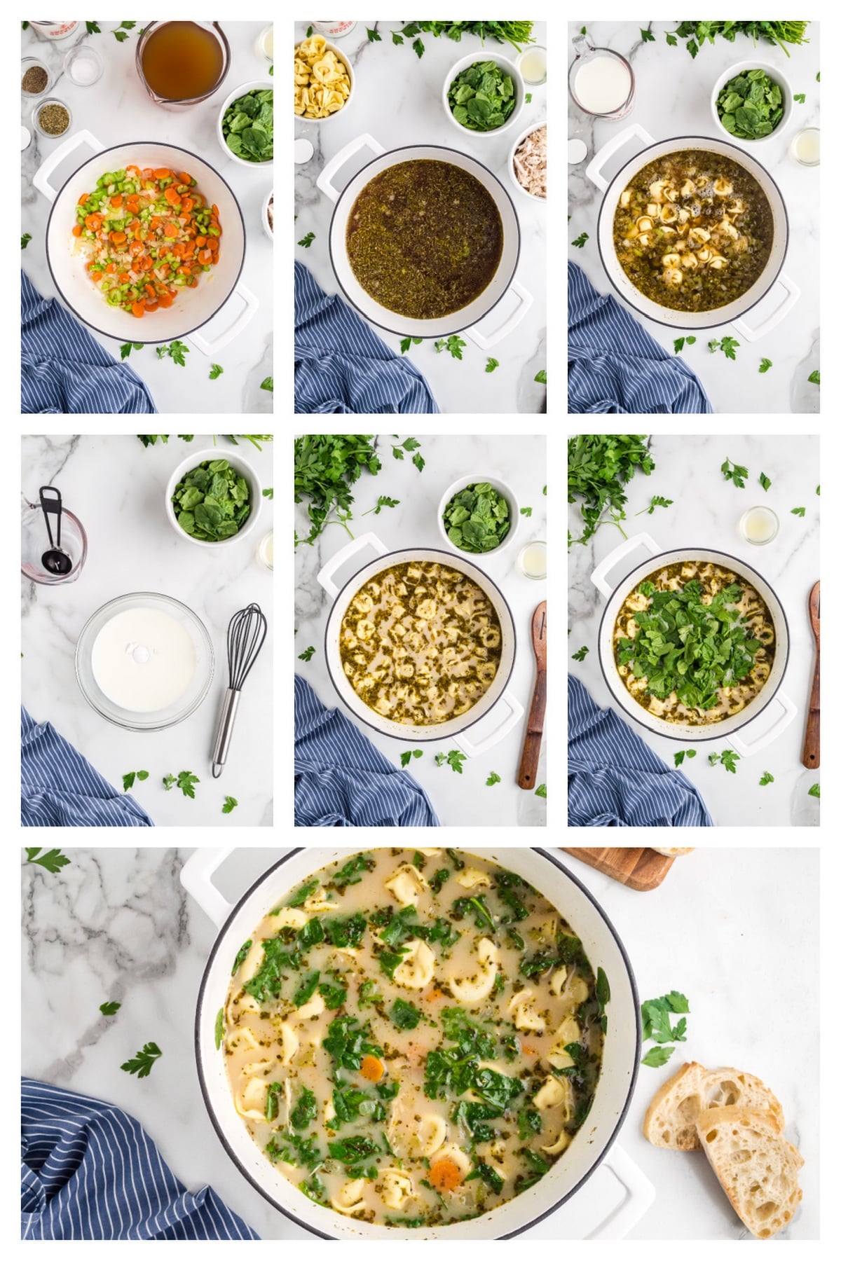 A step-by-step collage showing vegetables sautéing, broth simmering, tortellini added to soup, milk mixed with cornstarch, spinach stirred in, and the finished soup in a pot.