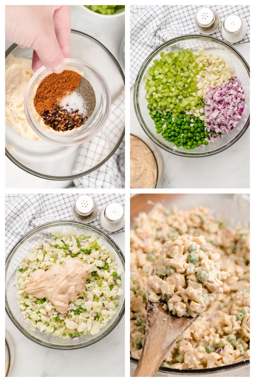 How to make creamy cauliflower salad step-by-step Step-by-step process showing how to blanch, dry, and mix cauliflower salad