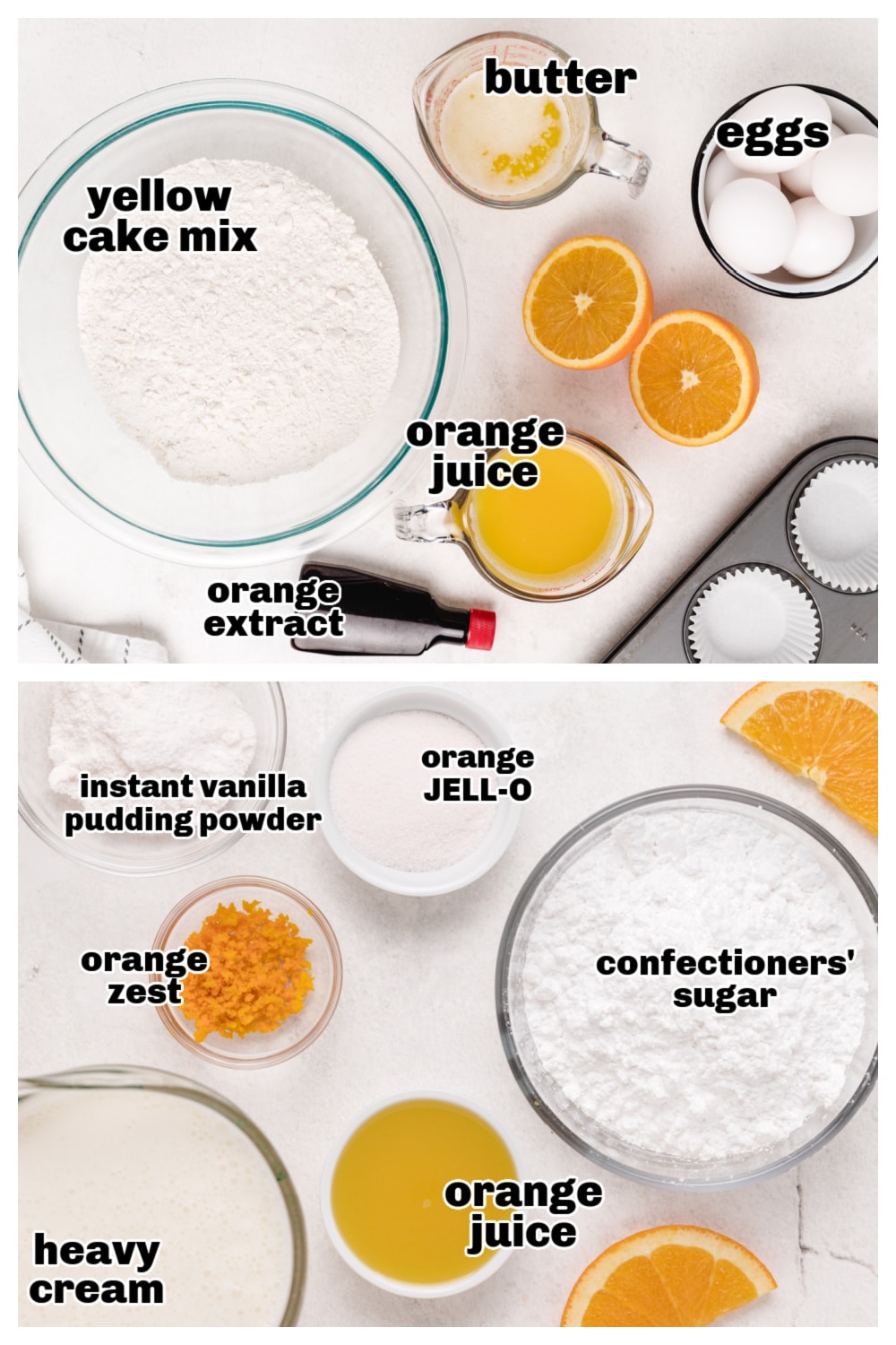 A flat lay of ingredients including cake mix, orange juice, eggs, butter, heavy cream, and orange zest.