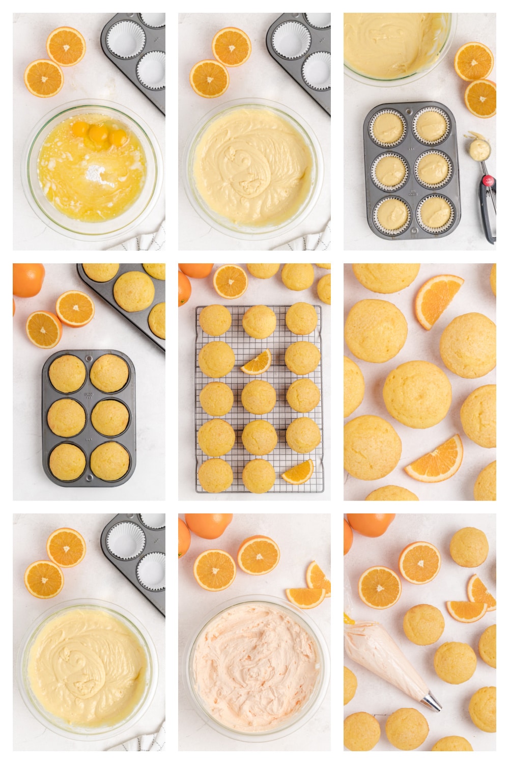 A collage showing the process of making the cupcakes, from mixing the batter to piping on the whipped orange frosting.