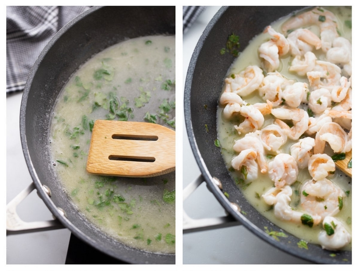 Making the shrimp for Shrimp and Avocado Taco Salad shrimp being made in a nonstick skillet