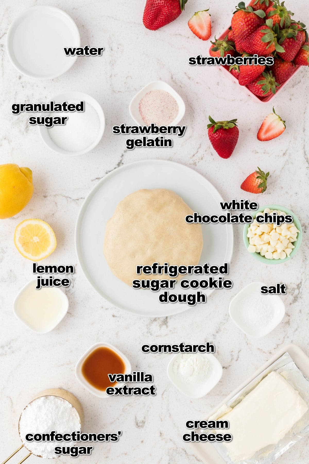 Making strawberry pizza is such a fun process. It’s basically a bright, colorful take on a super easy, light, and airy fruit galette. Seriously, one bite of this gorgeous dessert and you'll be planning to make it again in no time. ingredients