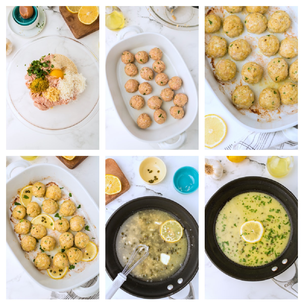 Step-by-step process for making baked chicken piccata meatballs, from mixing to baking and sauce prep