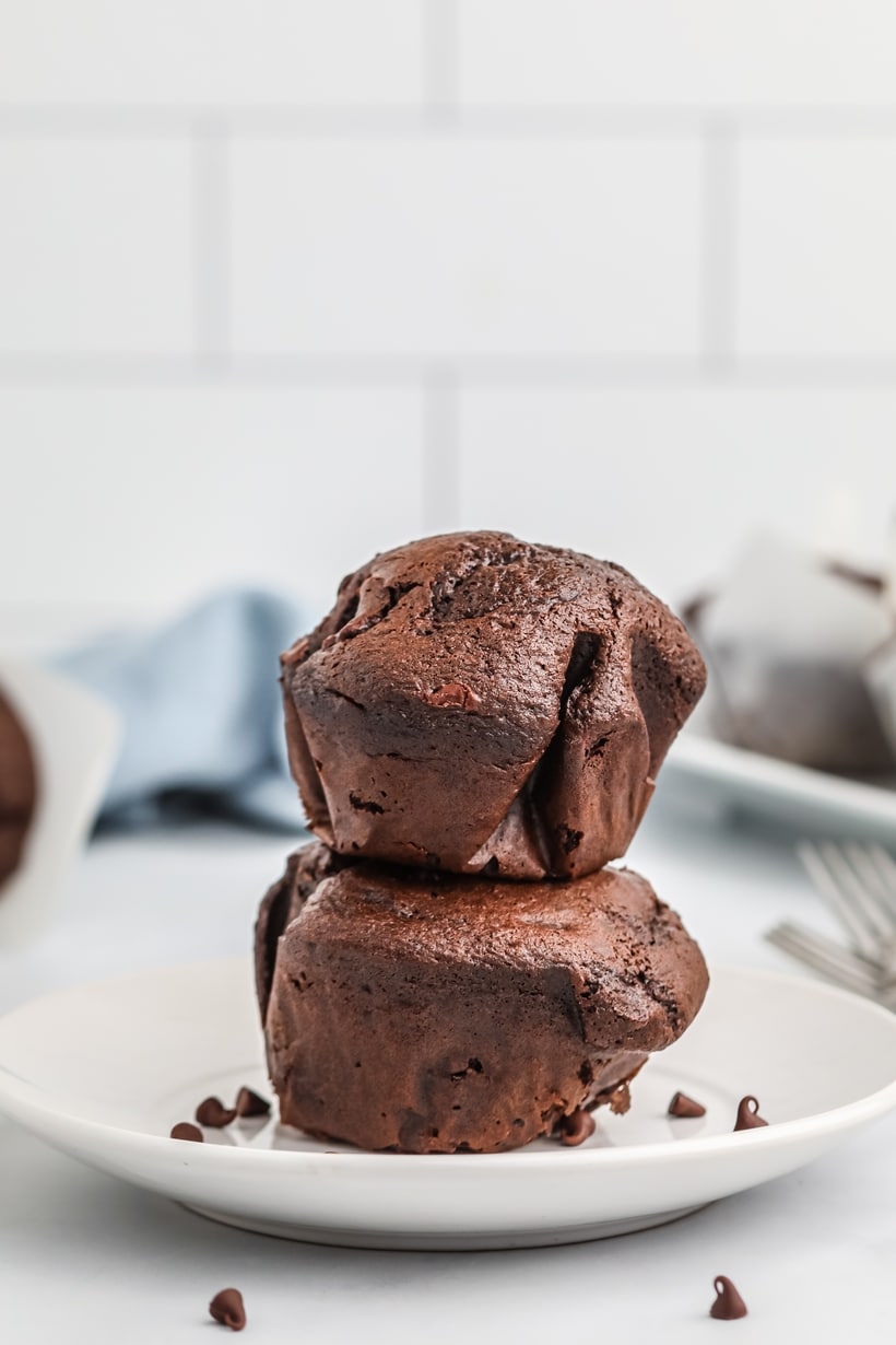 I wish every morning started with a double dose of chocolate deliciousness! These cake-like muffins will have you smitten they minute they come out of the oven. chocolate chip muffins