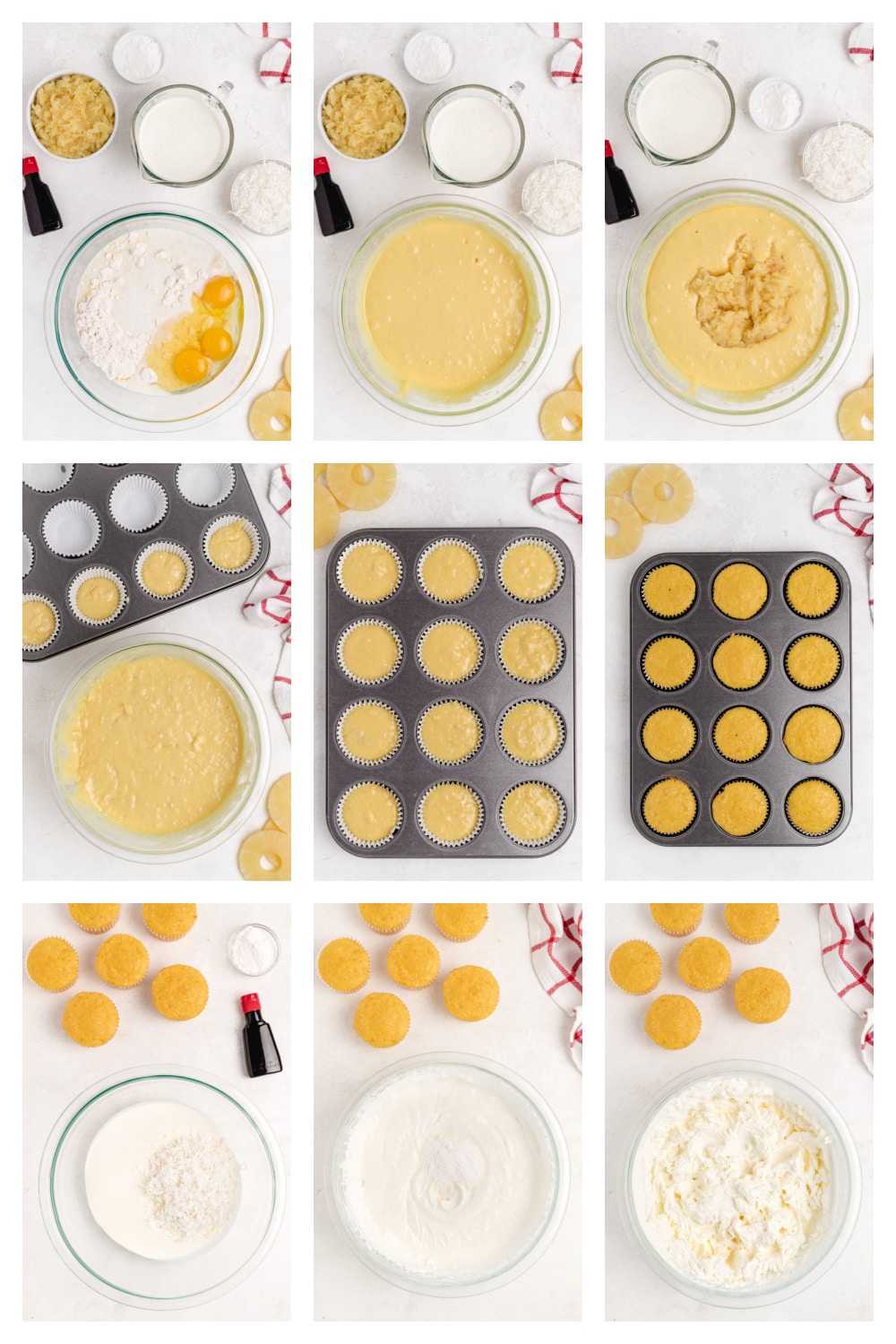 A collage showing the process of making the cupcakes, from mixing the batter to folding in pineapple, baking, and frosting with coconut whipped cream.
