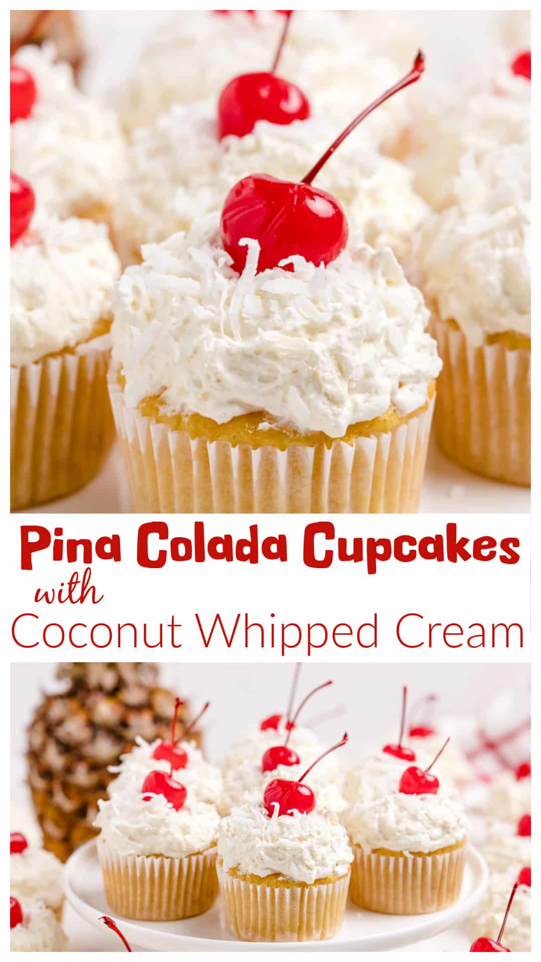 Piña Colada Cupcakes with Coconut Whipped Cream are packed with pineapple and coconut flavor, topped with a light, fluffy whipped frosting. Made with coconut milk and finished with shredded coconut and a cherry, they bring a tropical taste to any occasion. Whether you're making them for a luau, a summer party, or just because, these cupcakes are an easy way to enjoy classic piña colada flavors in dessert form. via @cmpollak1