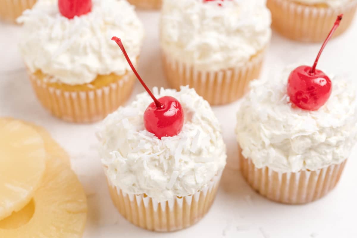 A close-up of a single Piña Colada Cupcake, showing the fluffy frosting, toasted coconut, and cherry garnish.