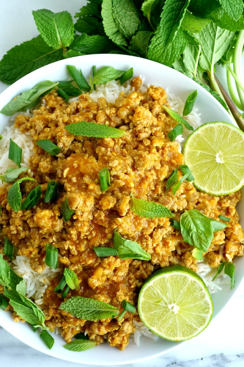 A truly savory and spicy dish, these Curried Pork and Rice Bowls just might become a regular meal around your house. They are packed with flavor and there are many options on how to flavor your finished dish with fresh herbs. curry pork bowls