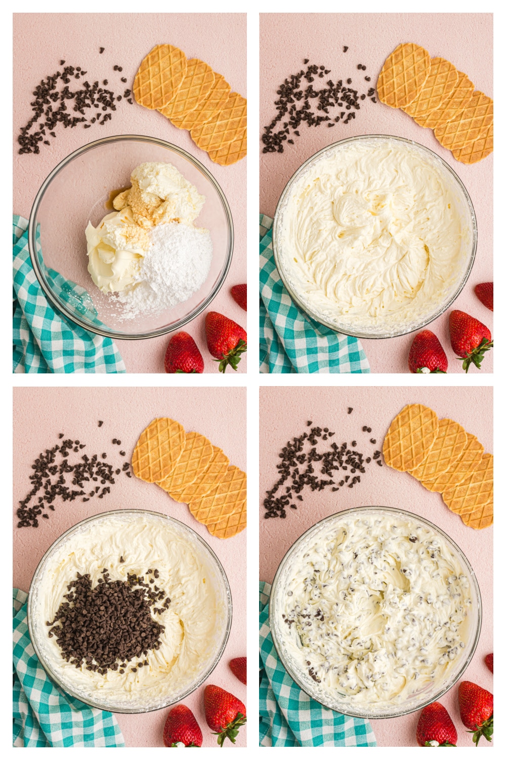Cannoli dip step-by-step collage Step-by-step collage showing how to make cannoli dip from mixing cheeses to folding in chocolate chips