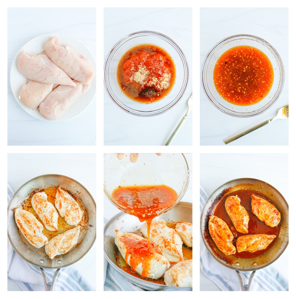 How to make Apricot Glazed Chicken Breasts A series of images showing the process of making apricot glazed chicken, from searing to glazing.