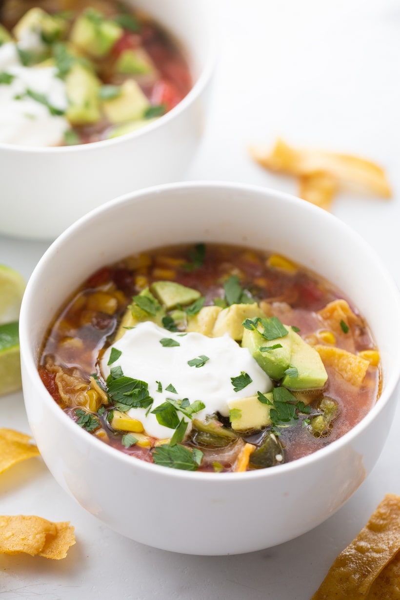 A zesty corn and salsa based tortilla soup that is not only packed with flavor, but can be on the dinner table in under an hour. corn and salsa tortilla soup