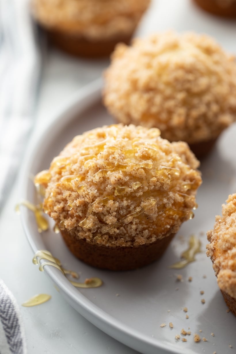 The streusel topping creates contrast to the tender honey butter muffins below, and together make the best crunchy, buttery flavored muffins you could hope for at the breakfast table. honey butter muffins