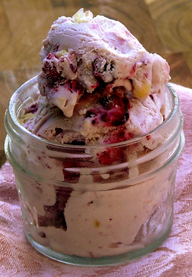 First of all, the ice cream turns this beautiful lavender color and is flecked with pieces of frozen corn and sweet blueberries. It’s almost savory-sweet, but it’s not. blueberry ice cream
