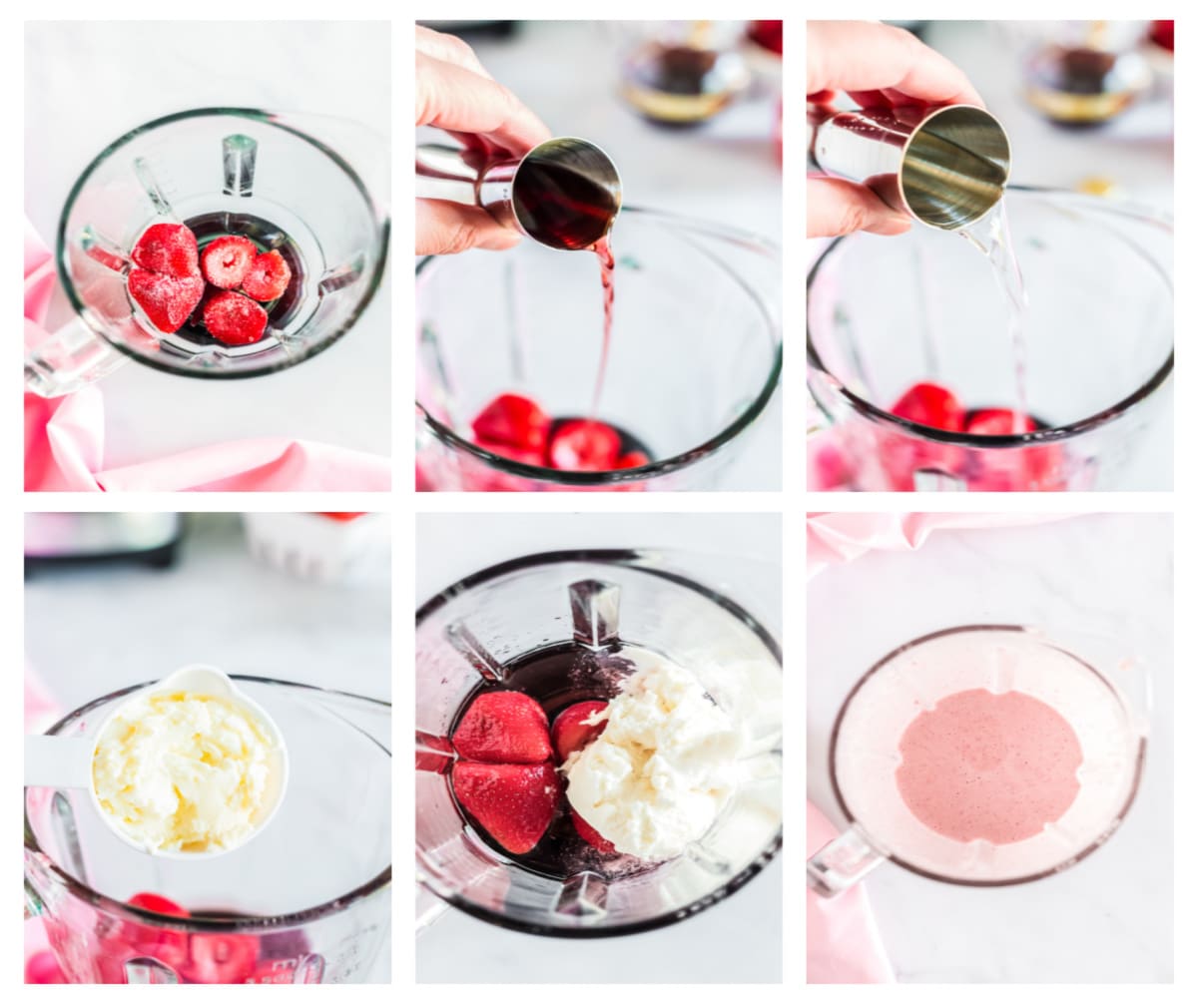 Collage of step-by-step images showing the process of blending the ingredients and pouring the cocktail into a martini glass.