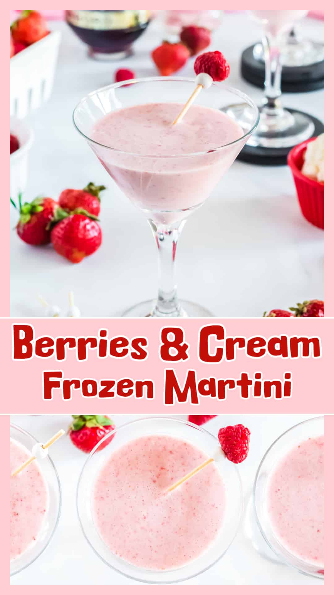 Berries and Cream Frozen Martini – This creamy vodka martini blends strawberries, raspberry liqueur, and vanilla ice cream for a smooth, indulgent drink. Perfect for frozen cocktail recipes, this vodka cocktail is great for Valentine's Day recipes, Easter recipes, or any special occasion. Serve it in a chilled glass for a refreshing twist on classic frozen drinks. If you love cocktail recipes with a fruity, creamy finish, this one’s a must-try. via @cmpollak1