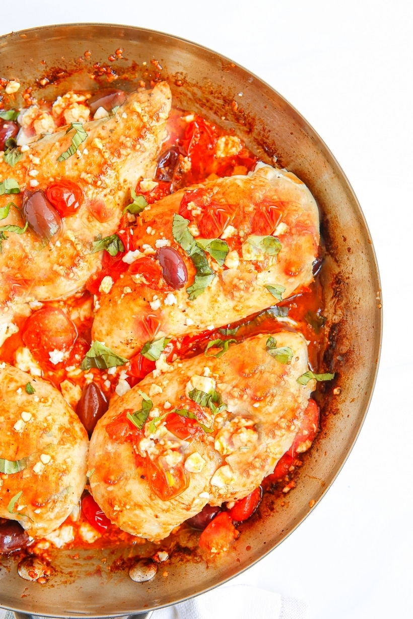 Juicy chicken breasts meet a fresh tomato-rich sauce in this Mediterranean one-skillet dish. This six-ingredient version is on the table in just thirty minutes, meaning you can dig into it any night of the week. mediterranean chicken dinner
