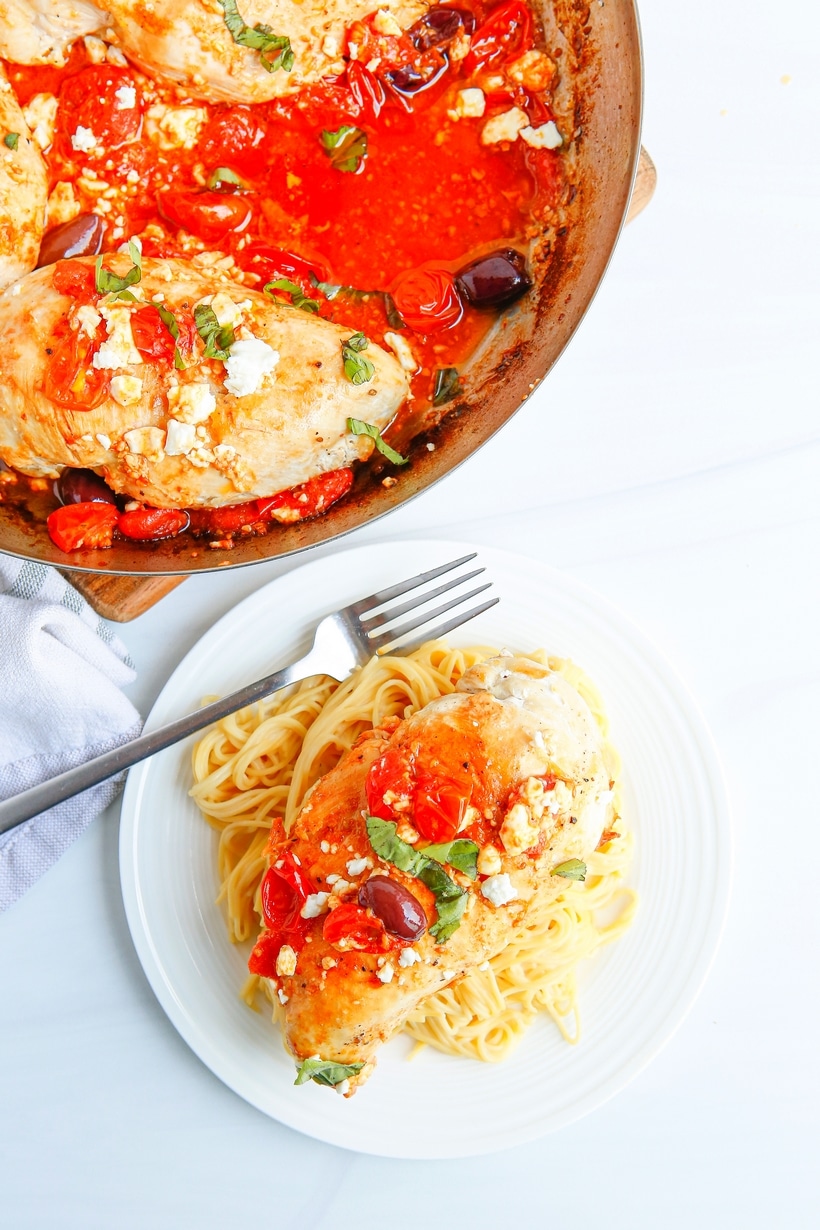 Juicy chicken breasts meet a fresh tomato-rich sauce in this Mediterranean one-skillet dish. This six-ingredient version is on the table in just thirty minutes, meaning you can dig into it any night of the week. chicken dinner