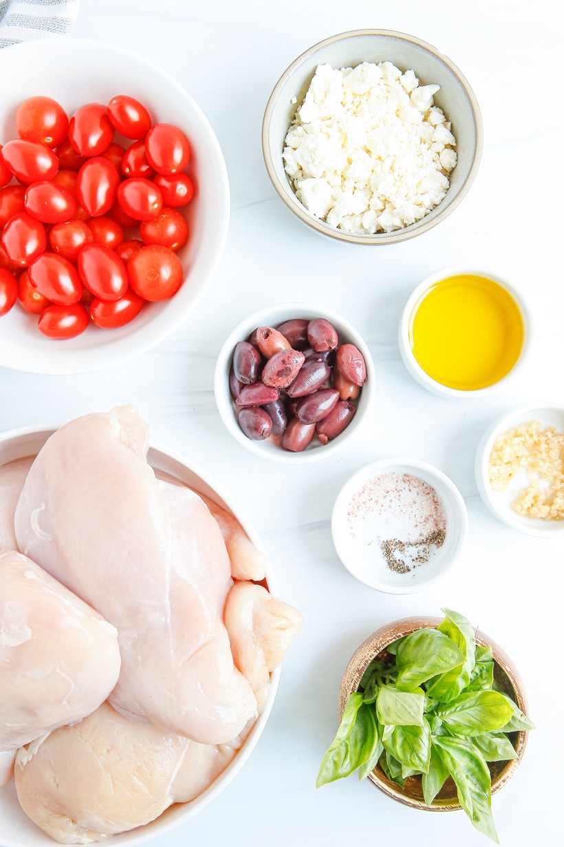Juicy chicken breasts meet a fresh tomato-rich sauce in this Mediterranean one-skillet dish. This six-ingredient version is on the table in just thirty minutes, meaning you can dig into it any night of the week. mediterranean chicken ingredients