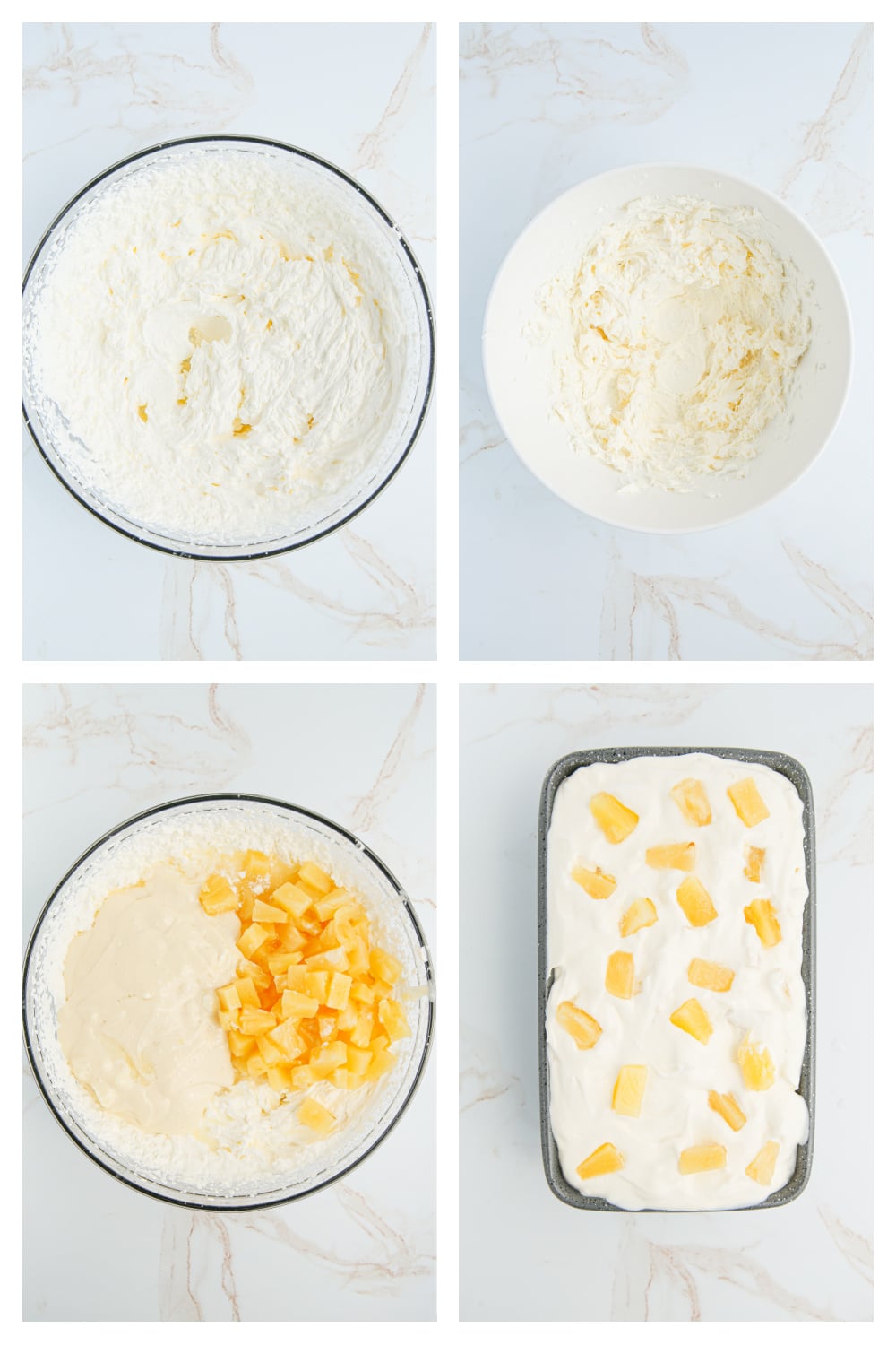 No-churn pineapple ice cream recipe steps shown in a collage Step-by-step process of making no-churn pineapple ice cream with cream cheese and pineapple