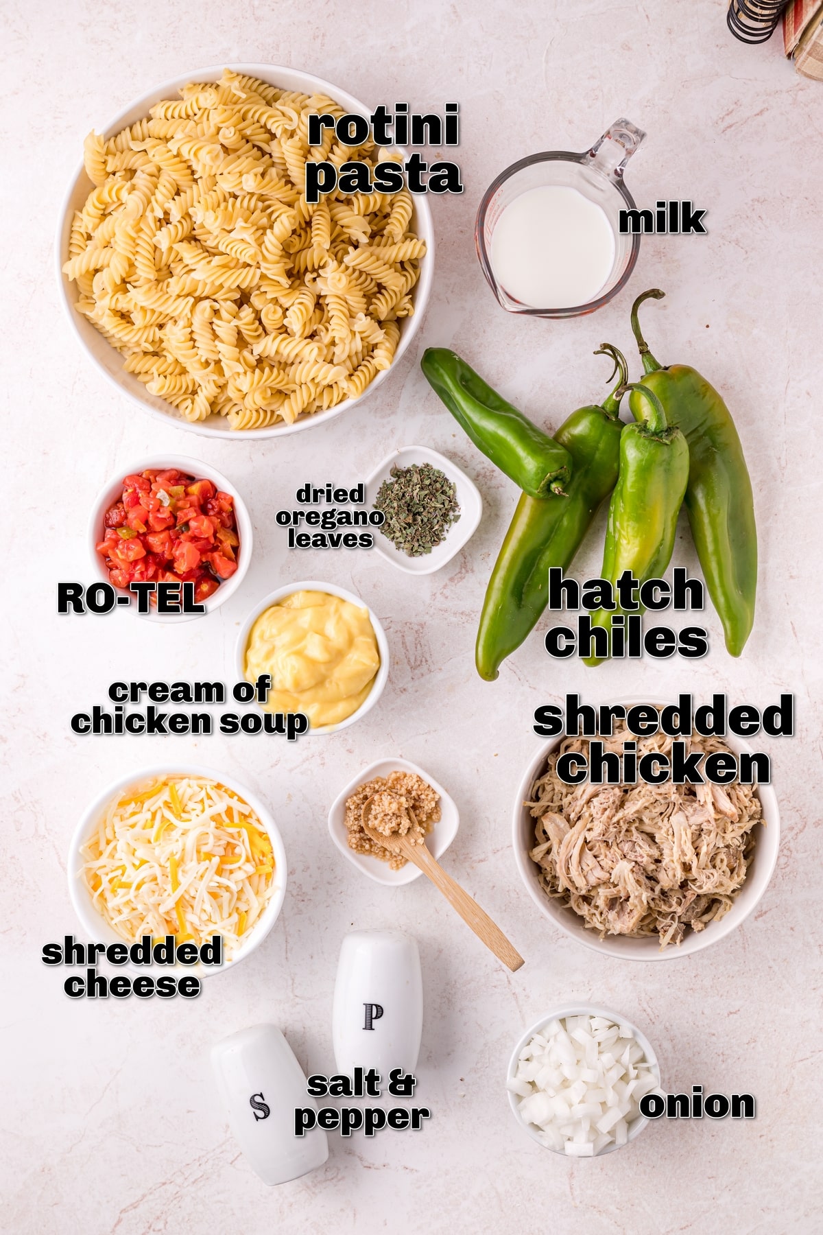 Ingredients for Hatch green chile chicken casserole laid out including rotini, chiles, soup, cheese, and chicken