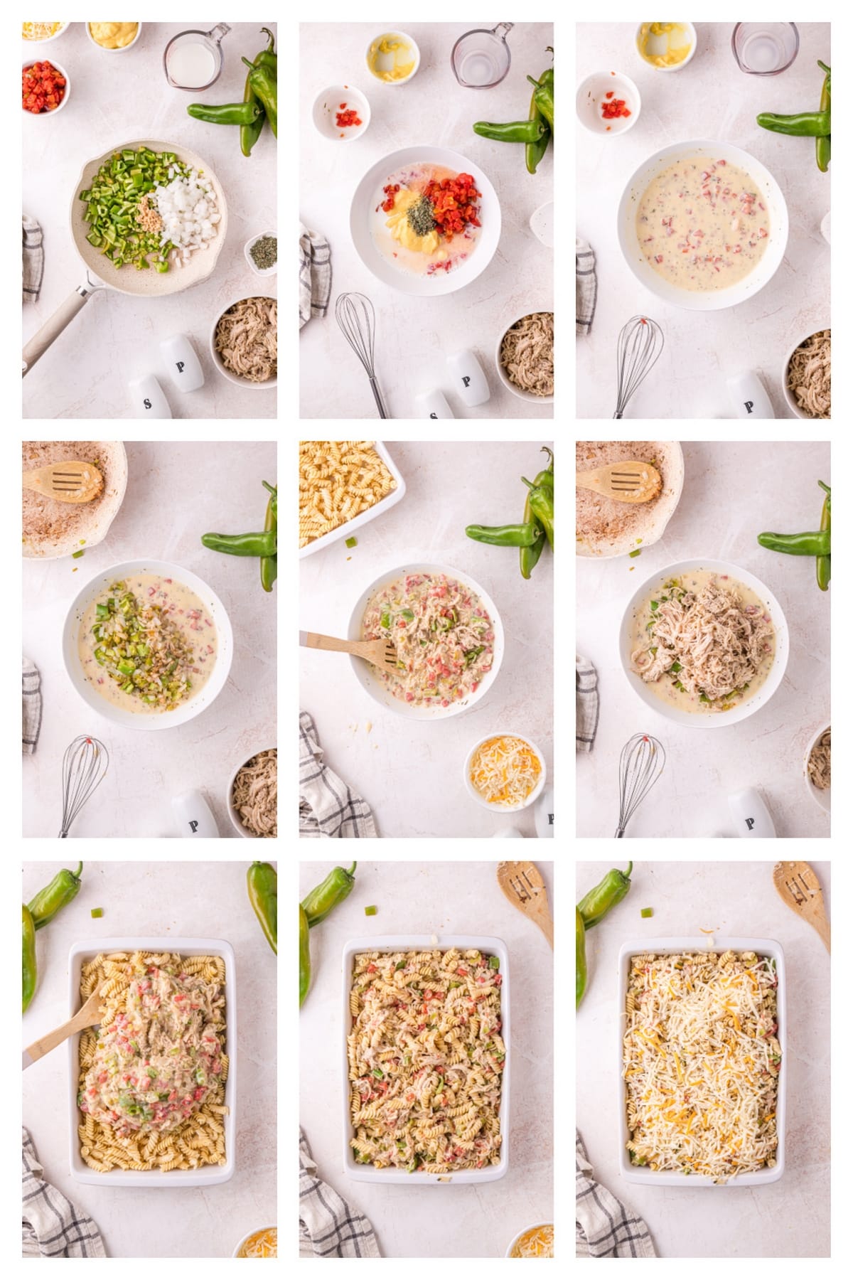 Step-by-step prep for green chile chicken casserole with Hatch chiles, shredded chicken, pasta, and creamy sauce