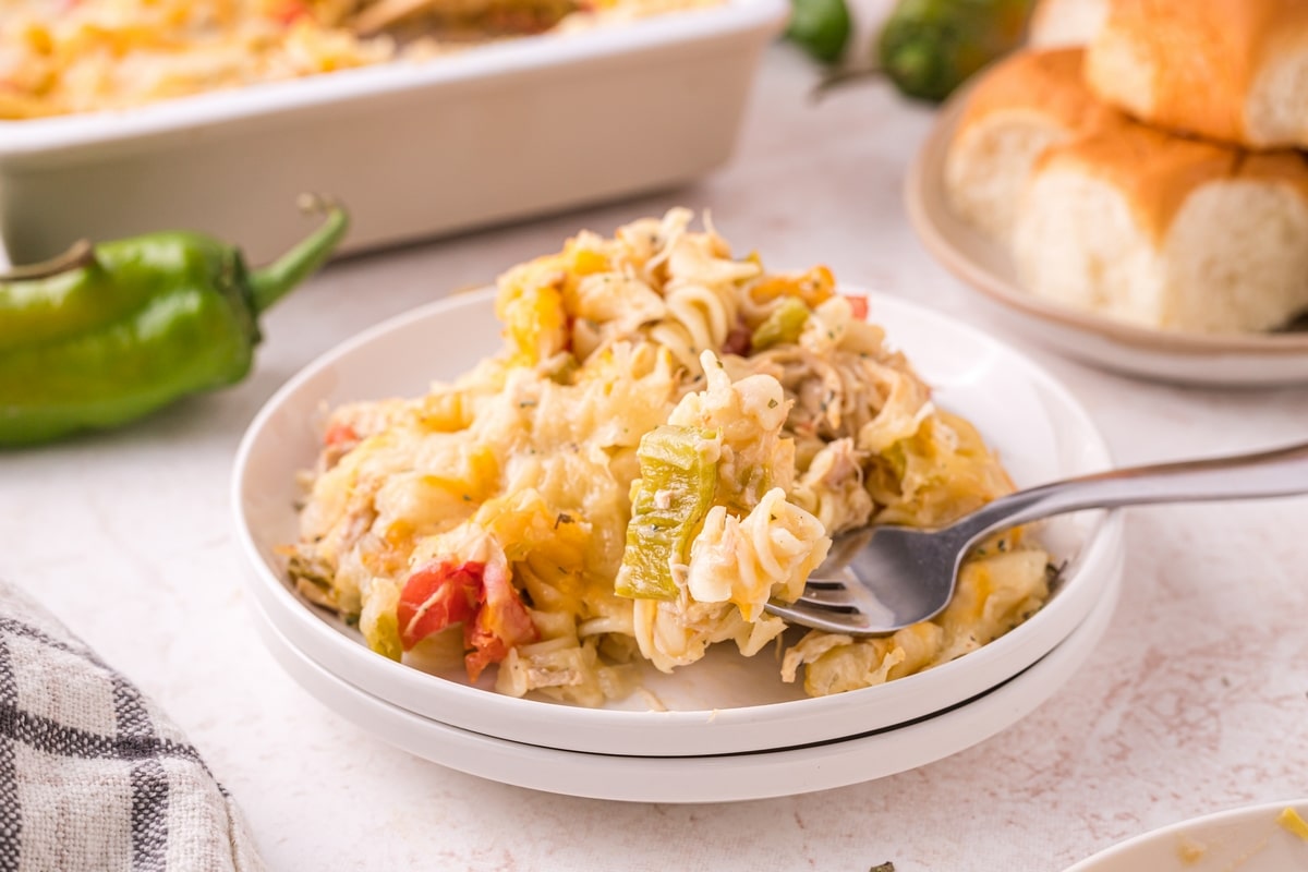 Creamy chicken and Hatch chile casserole served on a plate with a fork, showing rotini, melted cheese, and green chiles