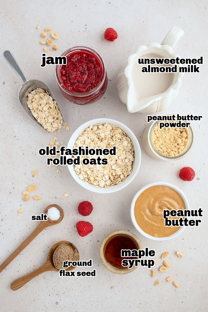 Ingredients for Peanut Butter and Jelly Overnight Oats Ingredients including oats, almond milk, and peanut butter powder.