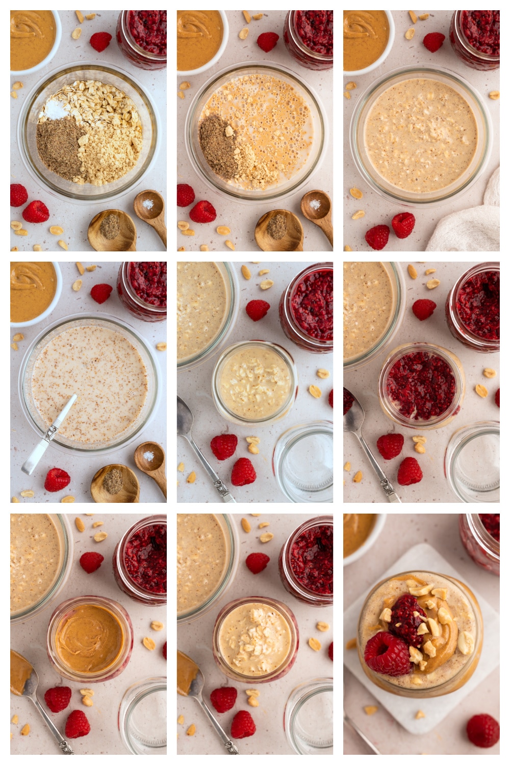 Making Peanut Butter and Jelly Overnight Oats step by step collage making overnight oats
