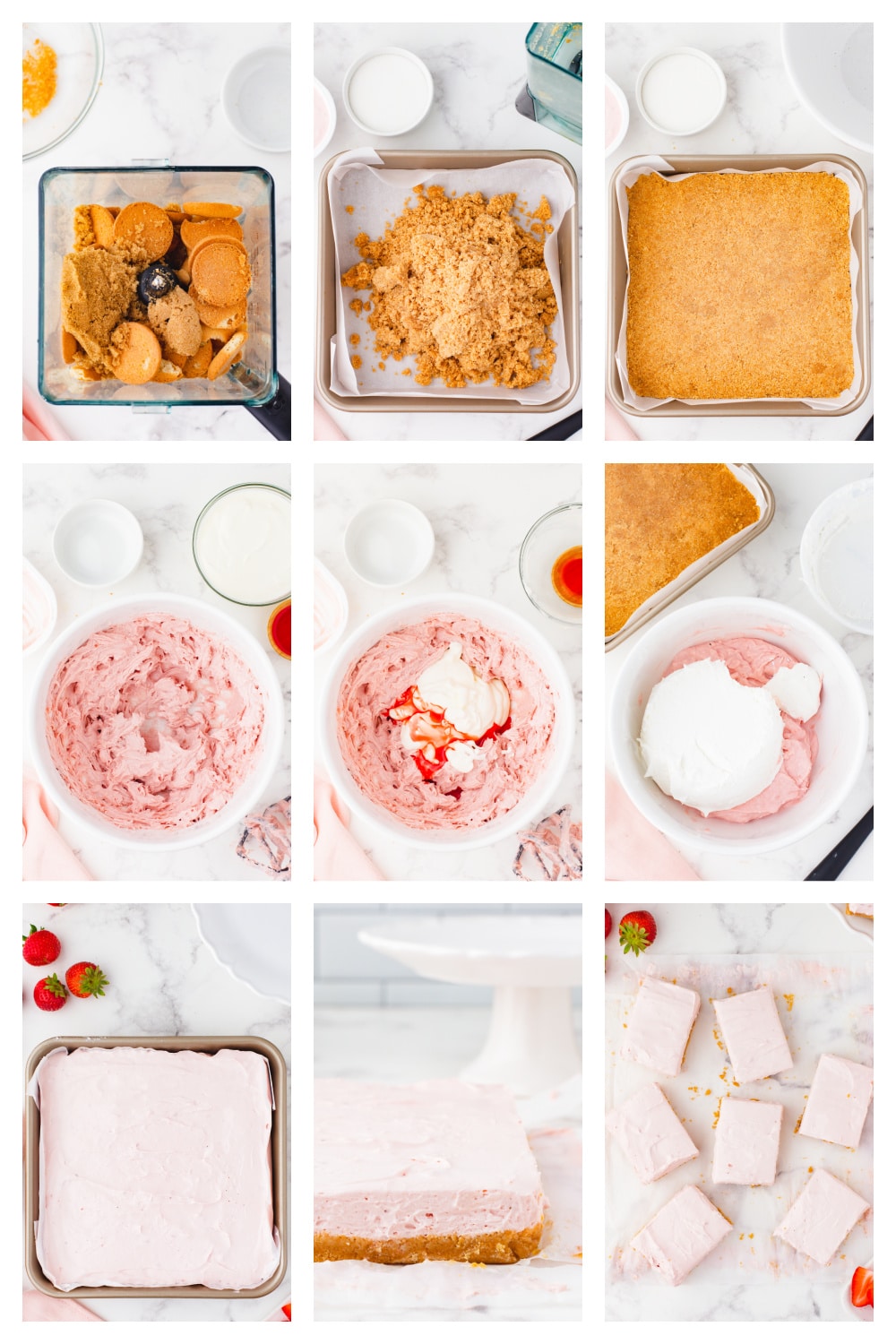 Step-by-step process for making no-bake strawberry cheesecake bars