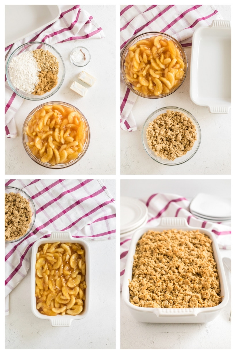 This particular apple crisp is the lazy baker's best friend. Not only will you get all the satisfaction and flavor of apple pie, this simple apple crisp is going to be ready in half the time. Warmly spiced apple pie filling is topped with sweet, buttery oats that crack under the pressure of a spoon. Don't forget a scoop of vanilla ice cream on top. quick recipe for apple crisp