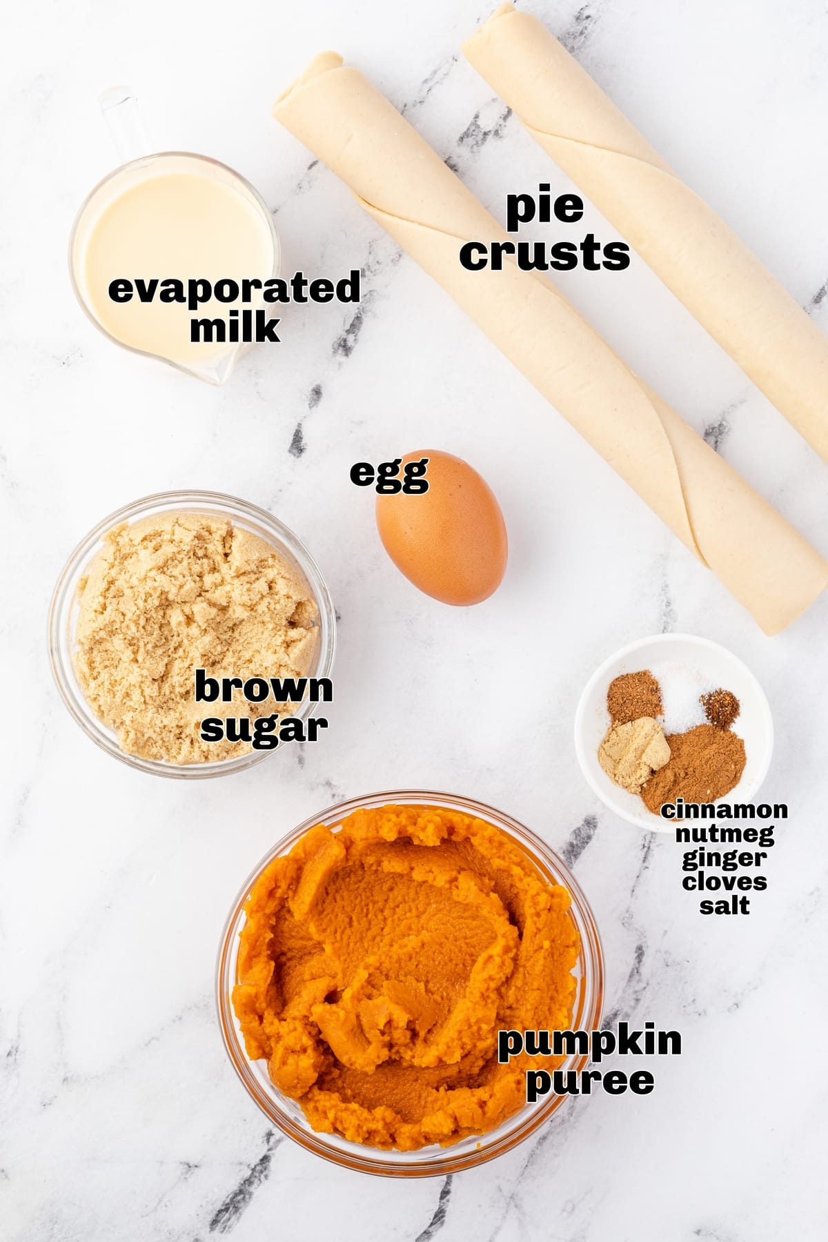 Mini Pumpkin Pie Ingredients Ingredients for mini pumpkin pies including pumpkin purée, pie crust, brown sugar, egg, and spices.
