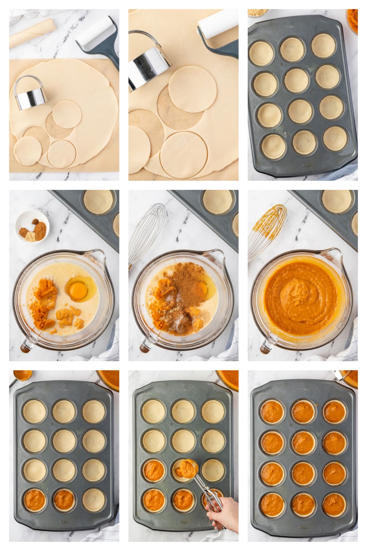 How to Make Mini Pumpkin Pies Step by Step Step-by-step process showing how to roll crust, whisk pumpkin filling, and bake mini pumpkin pies in a muffin tin.