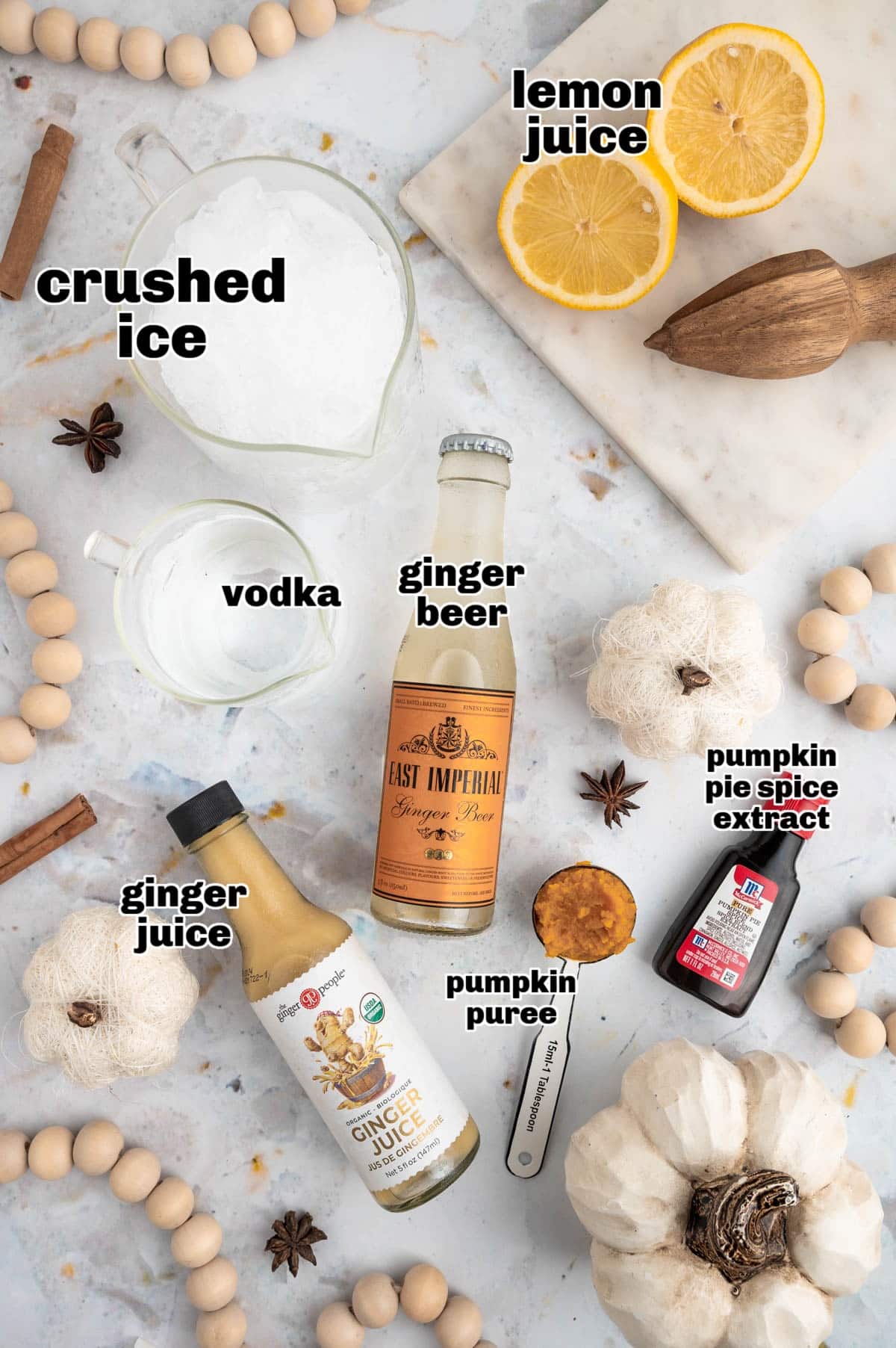 Pumpkin Spice Moscow Mule Ingredients Ingredients for Pumpkin Spice Moscow Mule: vodka, lemon, pumpkin purée, ginger juice, pumpkin pie spice extract, and ginger beer.