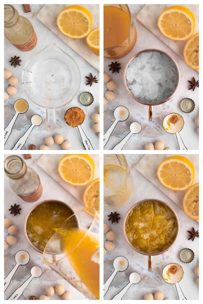 Pumpkin Spice Moscow Mule Preparation Steps Step-by-step collage showing the preparation of a Pumpkin Spice Moscow Mule.