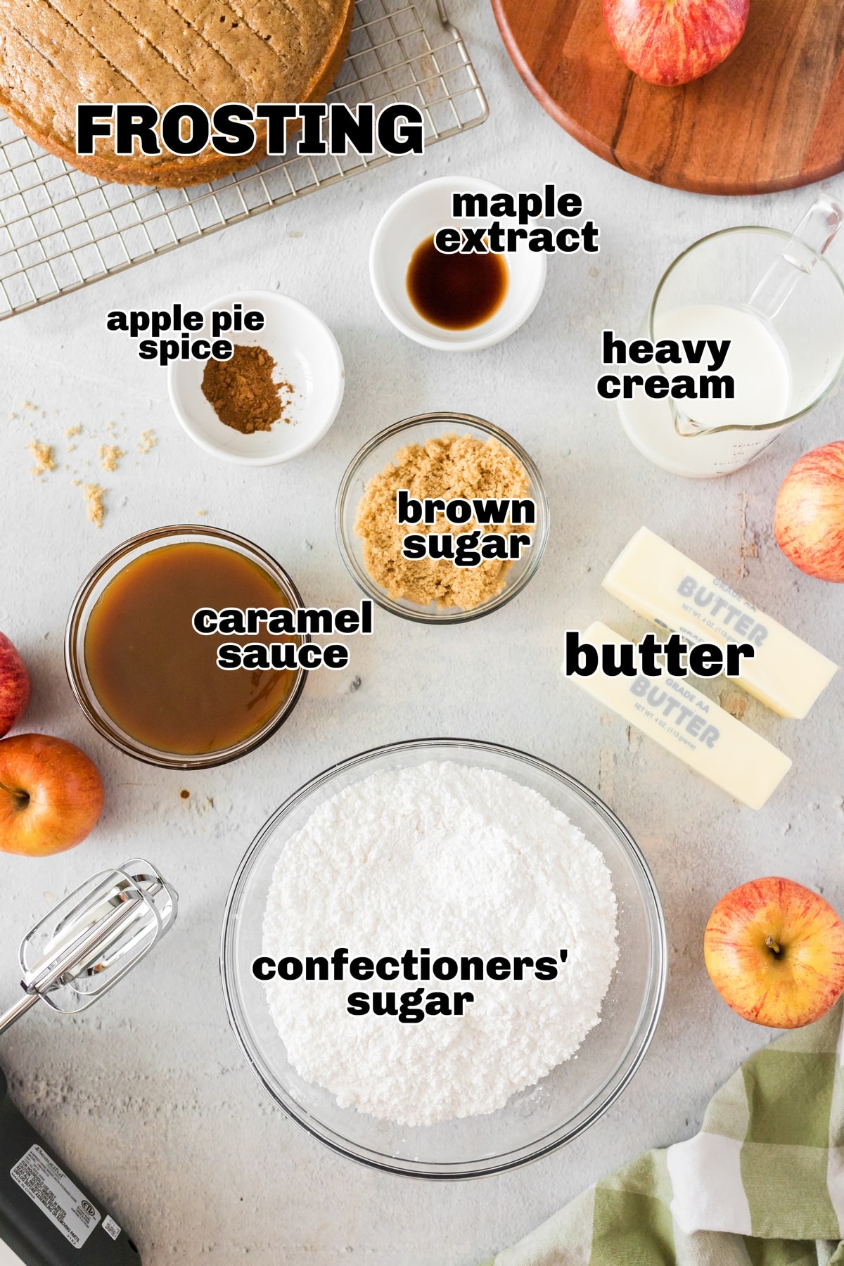 Maple Frosting Ingredients Maple frosting ingredients: unsalted butter, heavy cream, brown sugar, salt, maple extract, and confectioners' sugar.