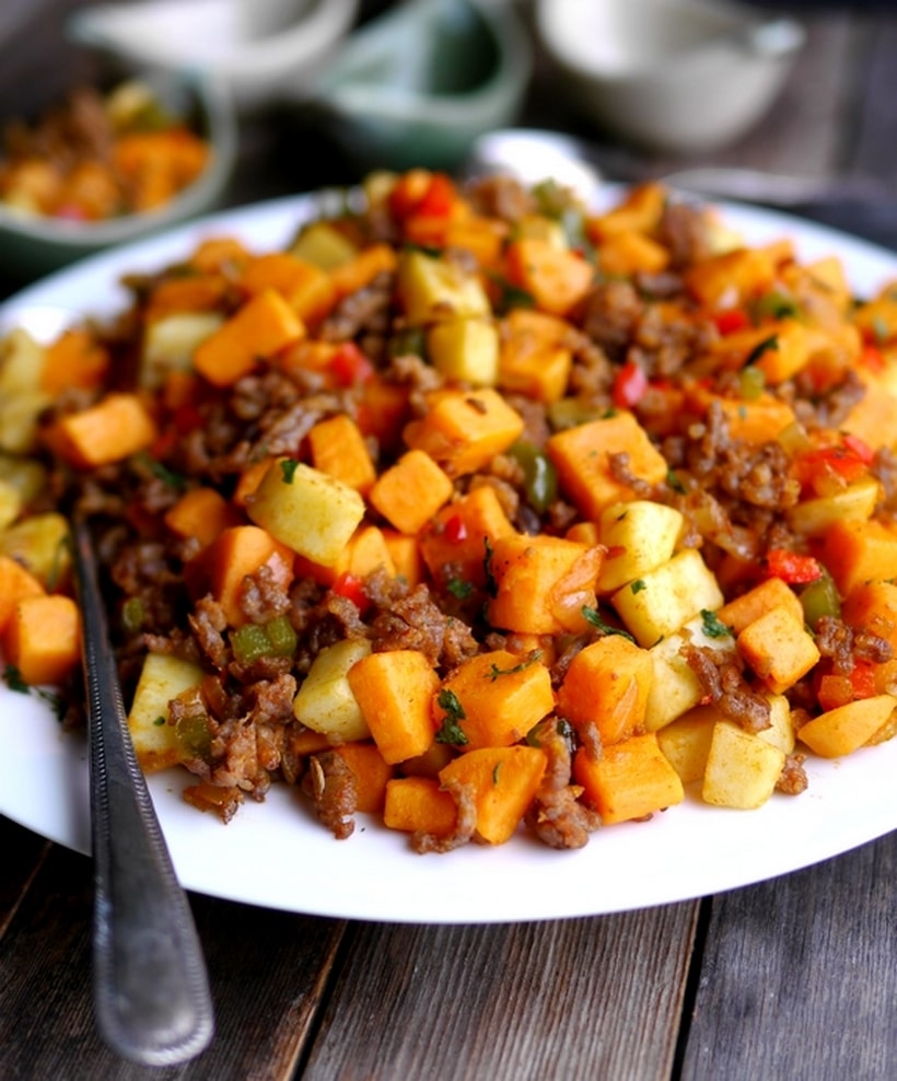 The classic pairing of sausage and sweet potato come together in this flavor packed Sausage and Sweet Potato Hash. The sweet and salty combination is a welcome bite at the breakfast table. sausage and sweet potato hash