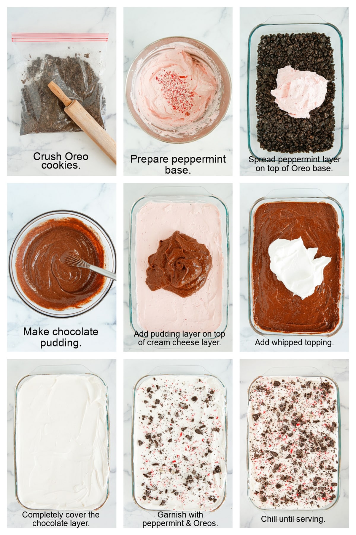 Step-by-Step Instructions for Chocolate Peppermint Lush Step-by-step collage: crushing Oreos, mixing the crust, spreading cream cheese layer, adding pudding, topping with whipped cream, and garnishing with candy canes.