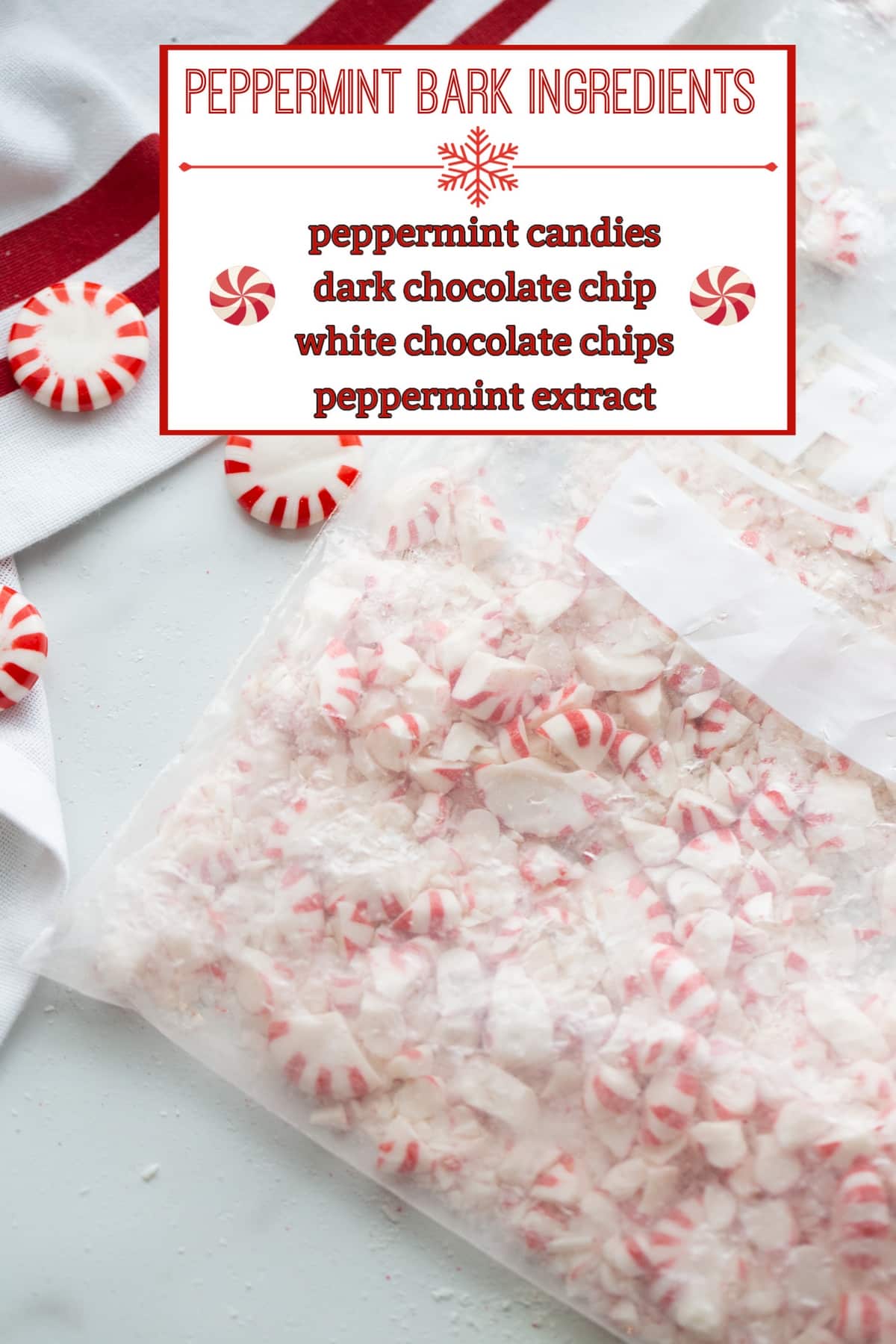 Double Chocolate Peppermint Bark Ingredients Ingredients for double chocolate peppermint bark laid out, including dark and white chocolate chips, peppermint extract, and crushed peppermint candies.