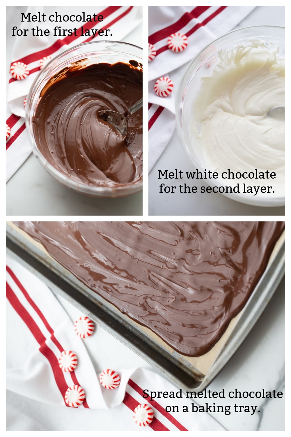 How to Make Double Chocolate Peppermint Bark Step-by-step process of making double chocolate peppermint bark, including melting chocolate, layering, and adding crushed peppermint candies.