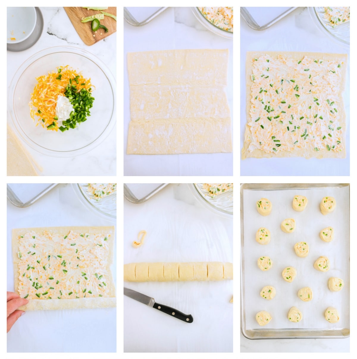 Jalapeno Popper Pinwheels step by step process Step-by-step collage of making the Pinwheels, from spreading the cream cheese mixture to slicing the finished rolls.