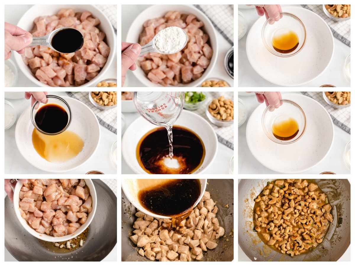 Step-by-Step Kung Pao Chicken Recipe Instructions. Step-by-step process for making kung pao chicken: toasting cashews, cooking aromatics, sautéing chicken, adding sauce, and mixing in cashews.