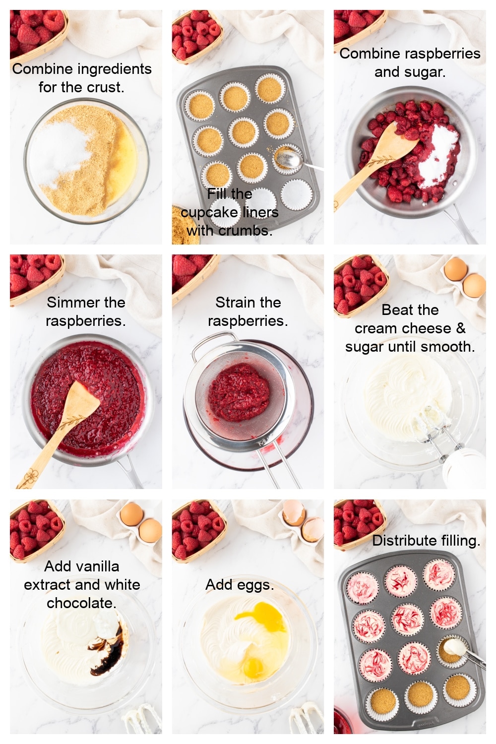 Step-by-step process for making mini white chocolate raspberry cheesecakes, showing crust preparation, filling, and baking.