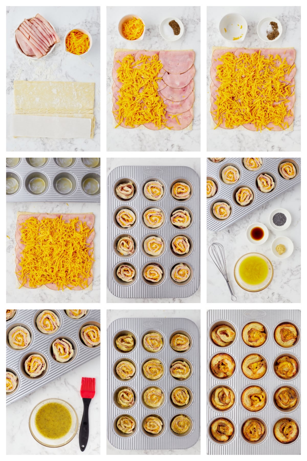 Ham and Cheese Pinwheels step by step process Step-by-step collage of making ham and cheese pinwheels: rolling pastry, adding ham, and placing in muffin tin.