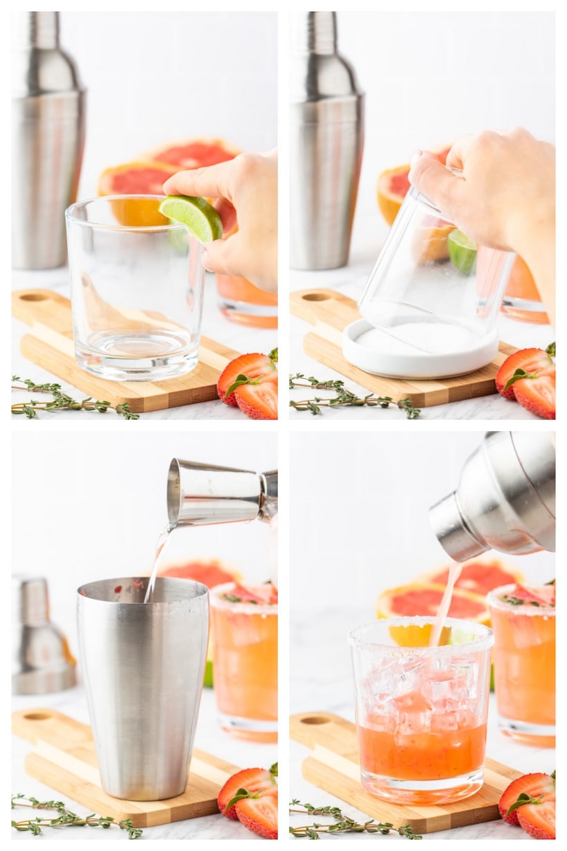 How to make a Strawberry Grapefruit Paloma Step-by-step collage showing the process of making the paloma, from rimming the glass to garnishing.