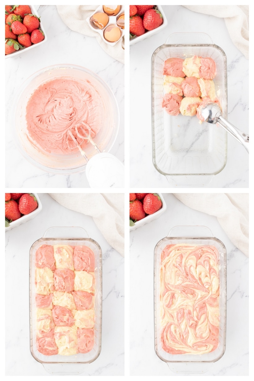 Never have to choose between your favorite flavors again with this strawberry and vanilla marble cake. If the eye-catching swirl pattern isn't enough to draw draw you in, maybe the rich and tangy cream cheese frosting will seal the deal. strawberry vanilla marble cake