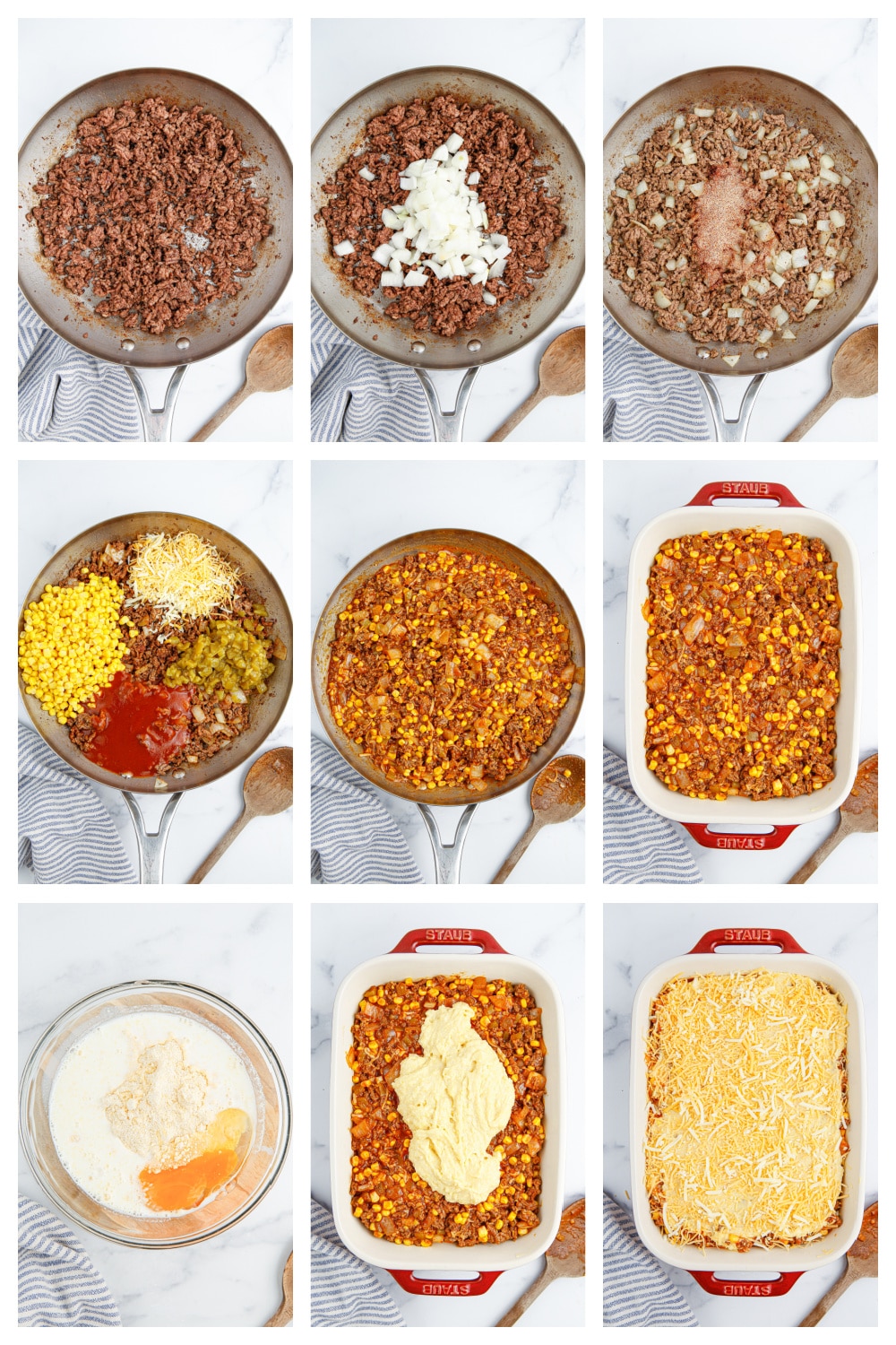 A collage of step-by-step images showing the process of making this comfort casserole dish, from cooking the beef to layering the filling and cornbread topping before baking.