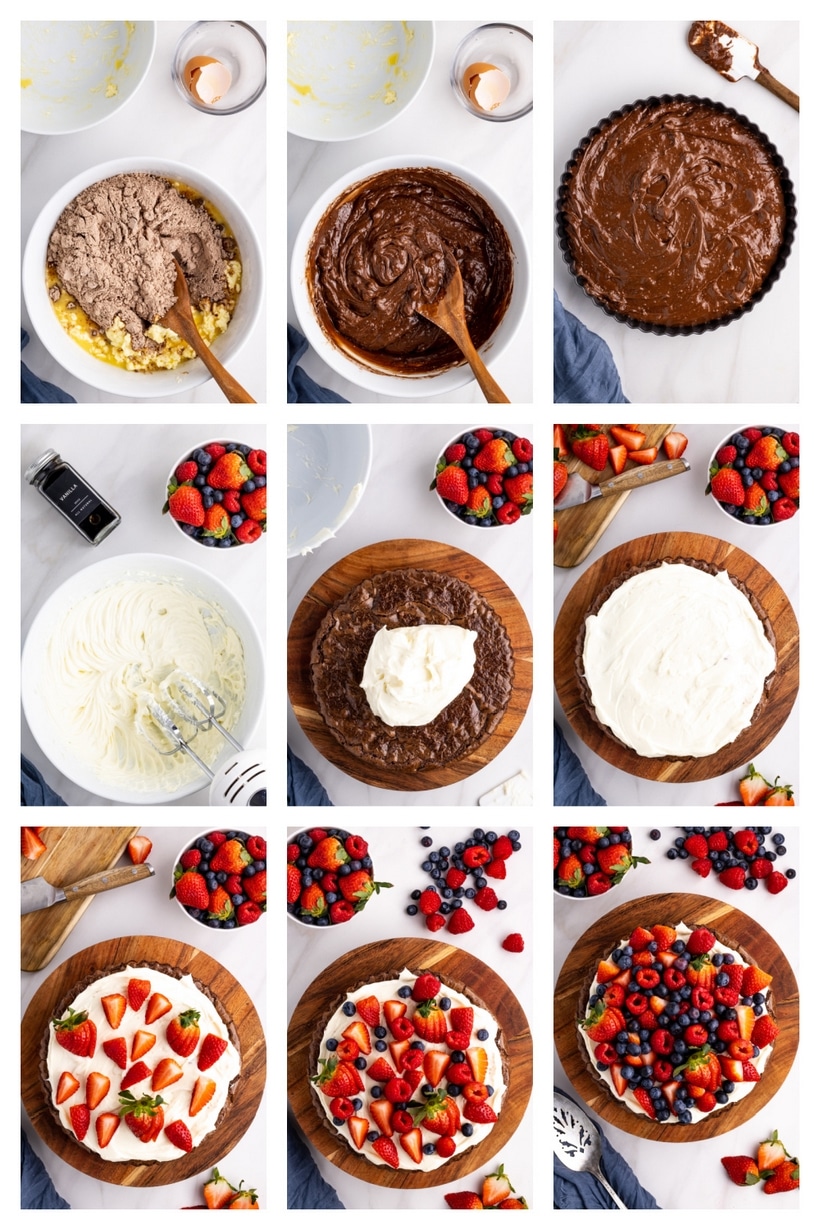 Step-by-step photos showing how to make brownie fruit pizza with boxed mix, cream cheese frosting, and fresh fruit.